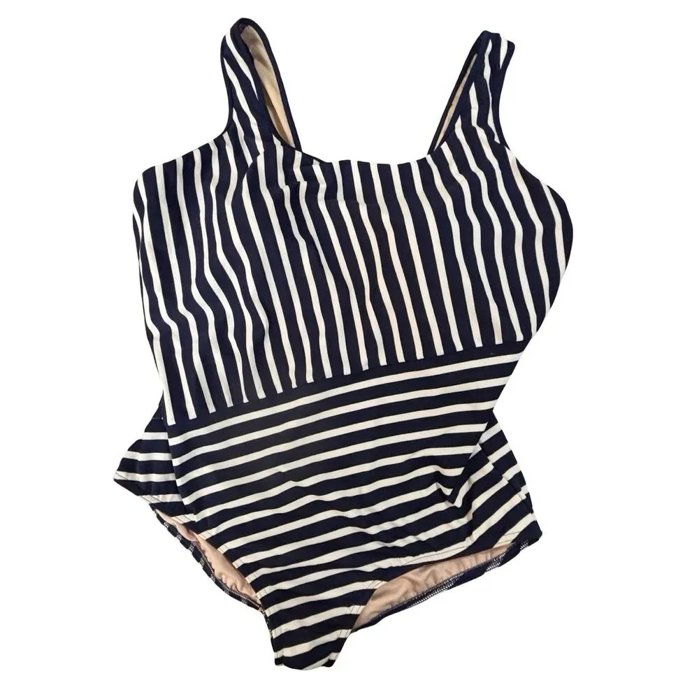 Land's End Plus Size Tugless One Pc Swimsuit Lined Black White Striped